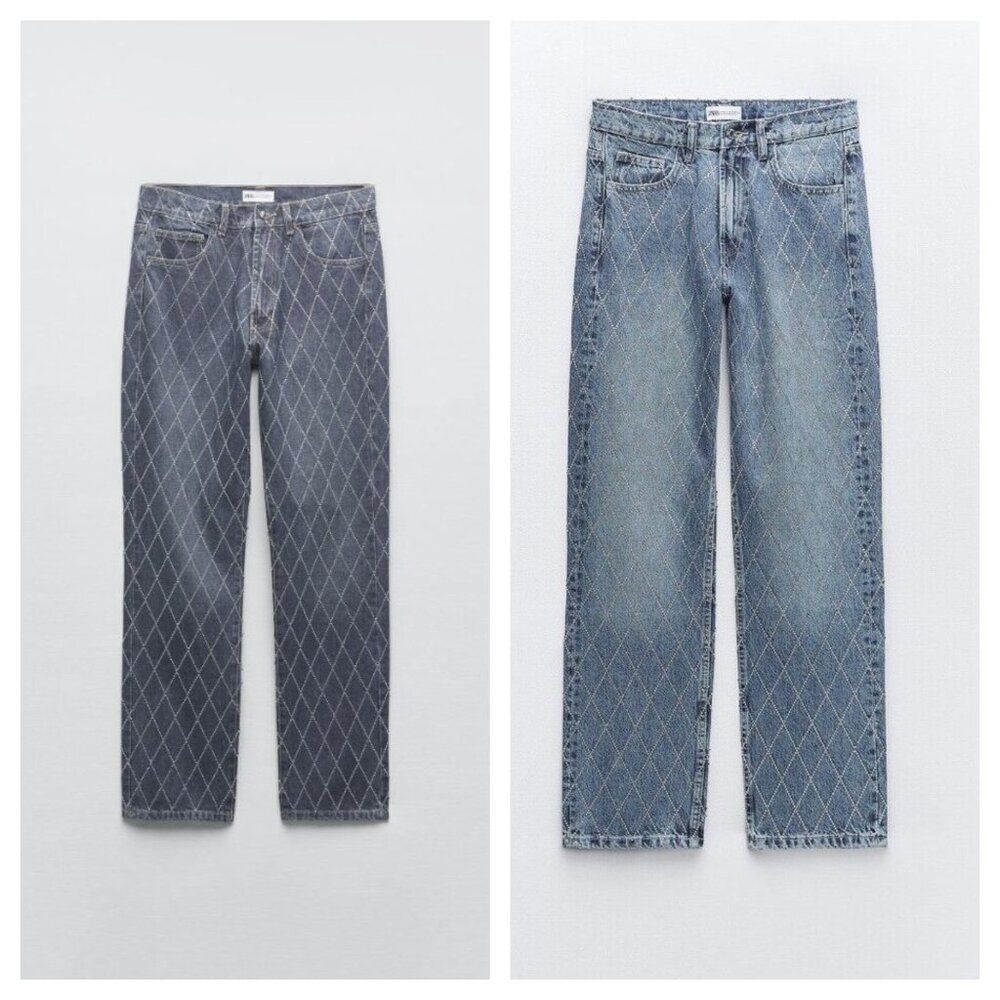 Zara Straight Leg Jeans in Medium & Dark Blue with Diamond Stitch
